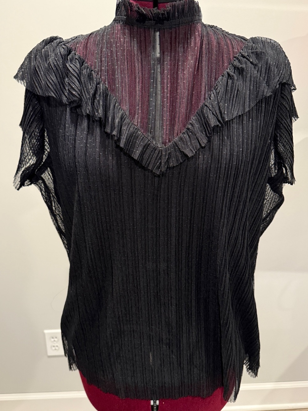 NWT! Ted Baker Black Ruffled Pleated Semi-Sheer Blouse
